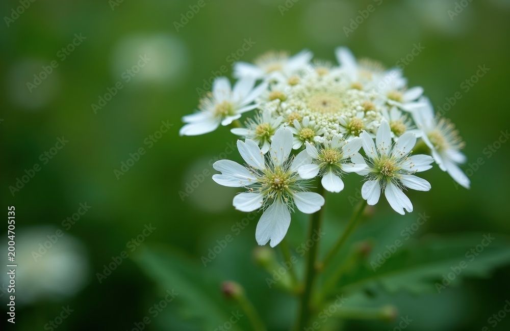 Obraz premium Delicate white cow parsley flowers bloom close up. Small white petals surround yellow centers. Green bokeh background softens focus on plant life.