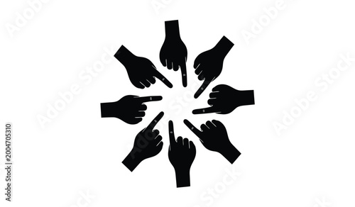 Photos group of pointing hands in a circle black silhouette against a white background