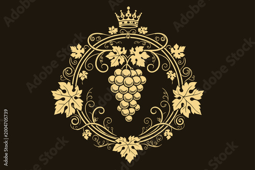 Bild auf Leinwand Elegant golden grape vine wreath with crown on dark background for wine label de
