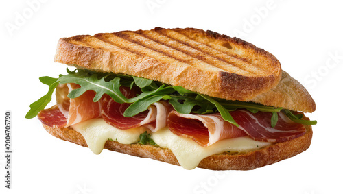 Grilled panini sandwich with prosciutto mozzarella and arugula, isolated on transparent background