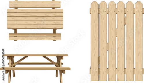 Wooden fence panels, picnic table, and folding wooden table on white background set