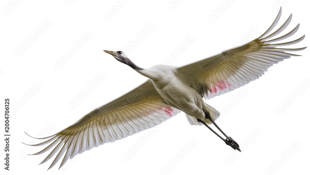 Fototapeta premium Majestic red-crowned crane with spread wings in flight, isolated on transparent background