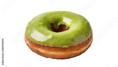 Konstfotografi Golden brown donut with glossy green matcha icing, isolated on transparent backg