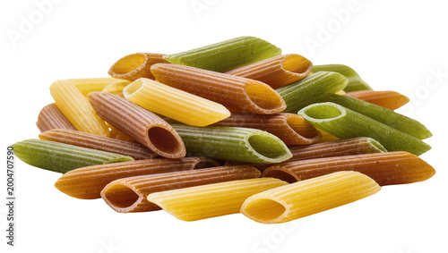 Fotografie Pile of tri-color penne rigate pasta tubes, isolated on transparent background