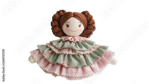Soft fabric doll with brown yarn hair and ruffled pink and green dress, isolated on transparent background