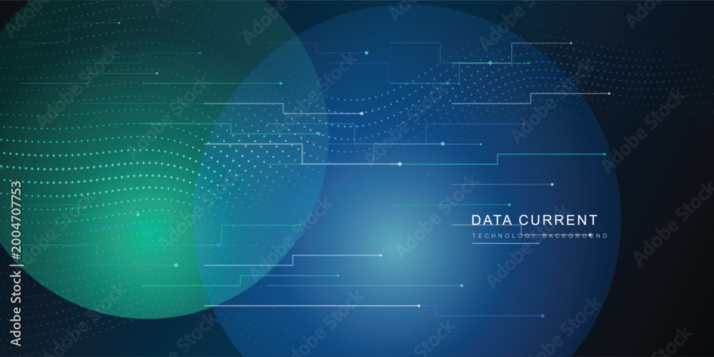 Obraz premium Abstract digital data stream with glowing circles and network lines representing technology and information flow on a dark background