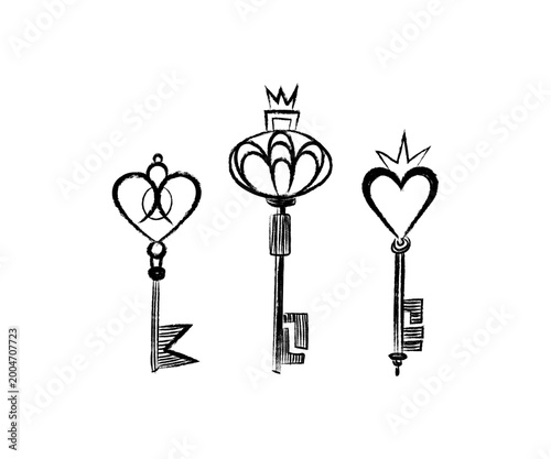 Hand drawn line art set of magic keys with hearts, floral, crown motifs, Isolated elements collection for design, branding, invitations, fantasy themed projects
