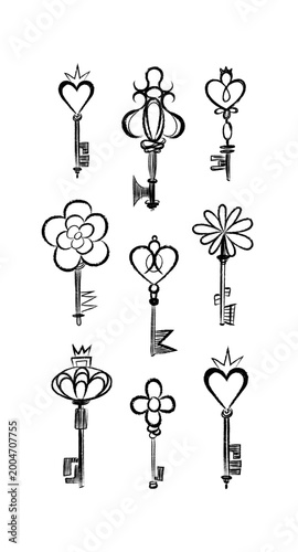 Vector set of decorative magic keys with hearts, floral motifs. Hand drawn sketch style, monochrome ink texture. Isolated elements collection for design, branding, invitations, fantasy themed projects