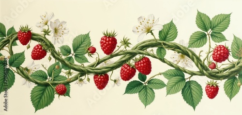 Twisted green raspberry vines with ripe red berries and white blossoms. Detailed botanical illustration of a healthy garden plant, perfect for vintage or nature designs. Juicy fruits grow on a bush.