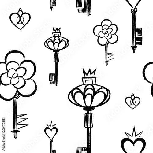 Hand drawn vector pattern with magic keys, crowns, hearts, flowers. Vintage sketch style, monochrome ink texture. Seamless repeat background for fabric, wallpaper, wrapping, branding, mystical theme