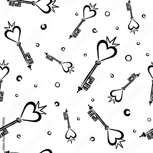 Seamless artistic pattern with hand drawn keys and heart shapes, black and white doodle style, romantic background, playful minimal design, repeating ornament for fabric textile or backdrop cover