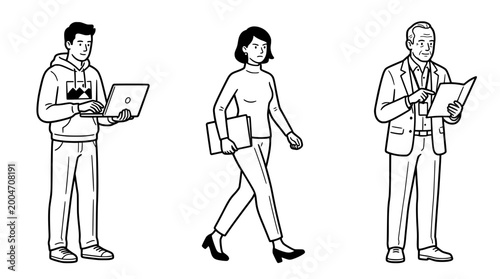 Three diverse professionals engaging in office work and technology