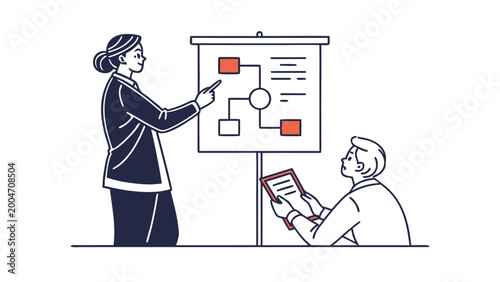 Business woman pointing at a flow chart on a whiteboard while a man takes notes presentation