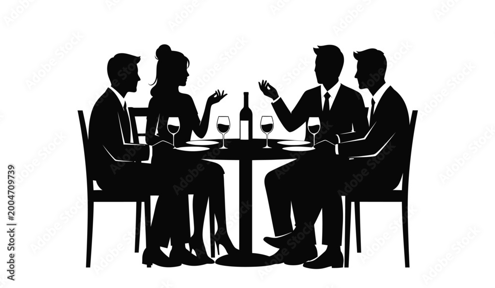 Fototapeta premium group of four people dining at a table with wine glasses black silhouette high quality professional detailed modern elegant stylish clean crisp vibrant colorful