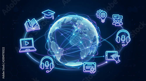 Digital education concept showing global connectivity with icons for learning, technology, and communication surrounding a glowing Earth.