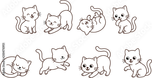 Bild auf Leinwand Cat line drawings showing sitting, stretching, sleeping, walking, crouching, and