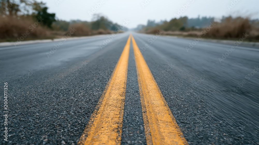 Obraz premium Close-up of blurred yellow and white road markings on grey asphalt during fast driving, perfect for concepts of speed and direction.