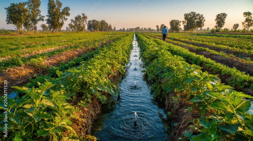 Naklejka premium Irrigation canal through eggplant fields on a sustainable farm