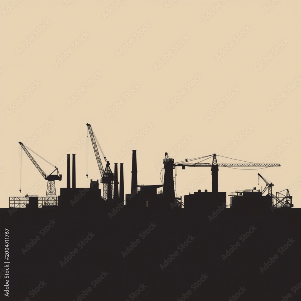 Fototapeta premium Industrial city vector silhouette illustration with factory smoke stacks, construction cranes, power plants, and machinery structures on cream background for architectural engineering design.