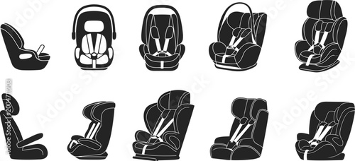 Collection of black silhouette car seats and infant carriers on white background child safety transportation