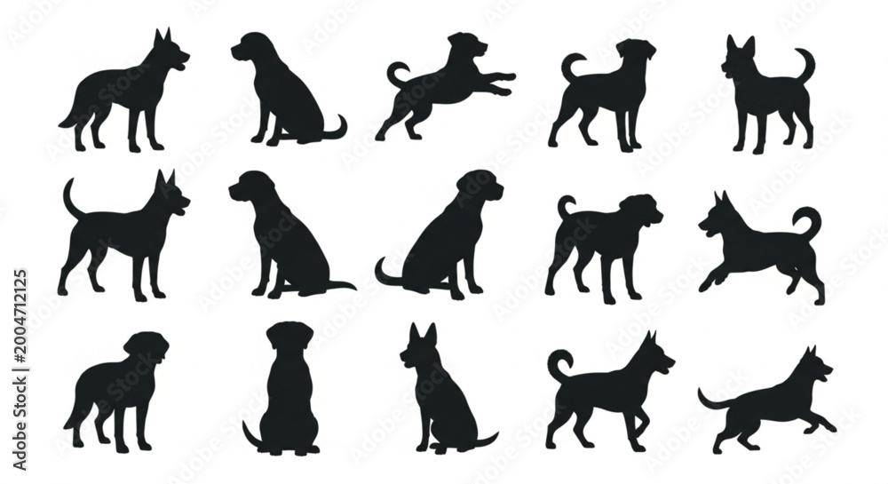 Fototapeta premium Detailed Dog Silhouettes Collection, Professional Vector Set of Various Canine Breeds in Standing, Sitting and Running Poses, High-Quality EPS Graphics for Pet Industry Design and Animal Branding.