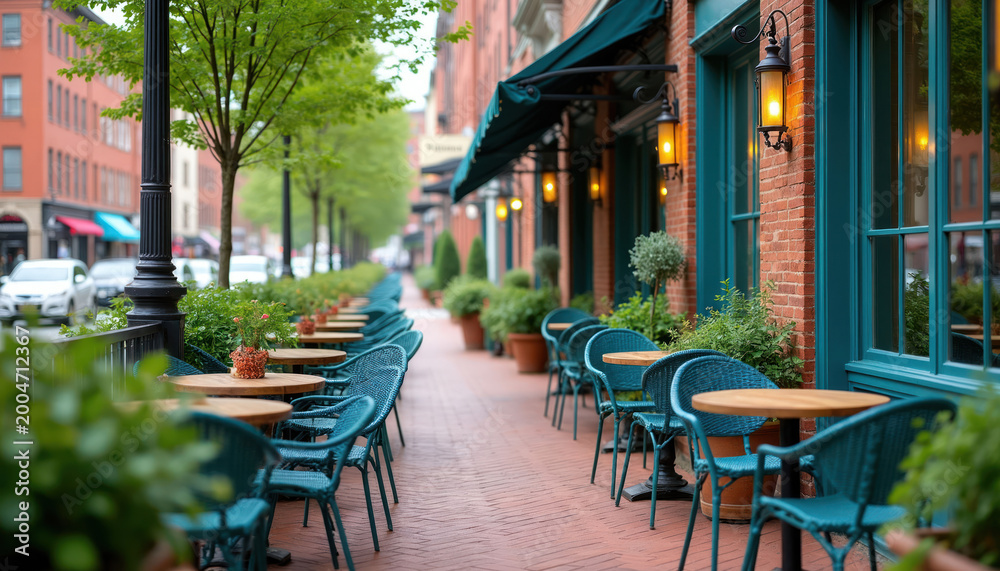 Obraz premium Outdoor cafe seating with turquoise chairs and wood tables along a brick building. Green plants and trees line the walkway. Cars pass on the city street.