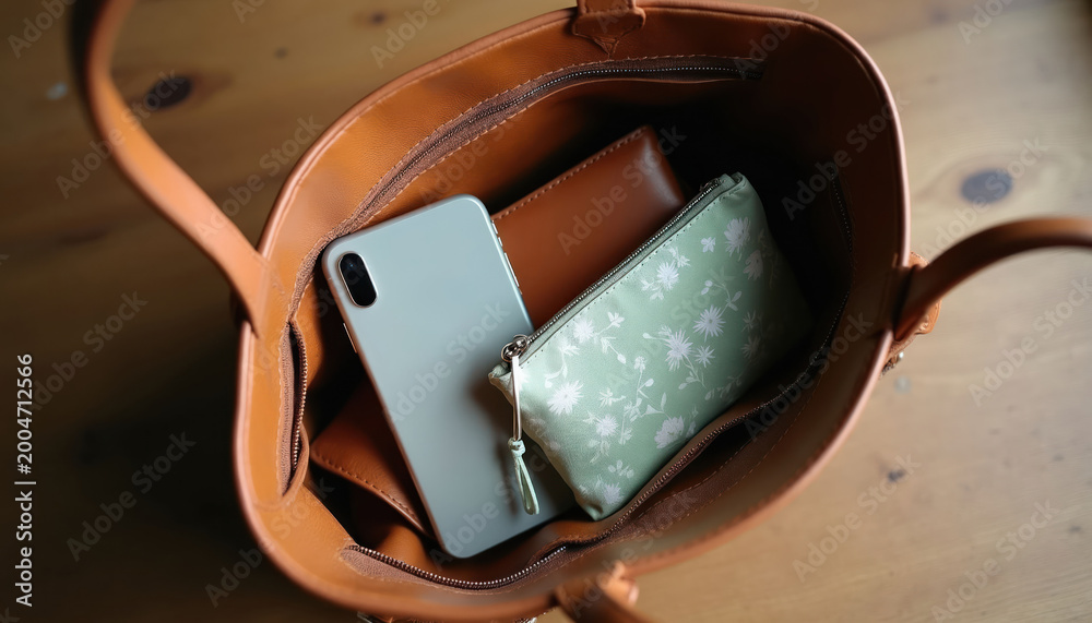 Fototapeta premium Open tote bag with smartphone, patterned pouch and wallet inside. Woman everyday carryall organized with essential personal items on wood surface.