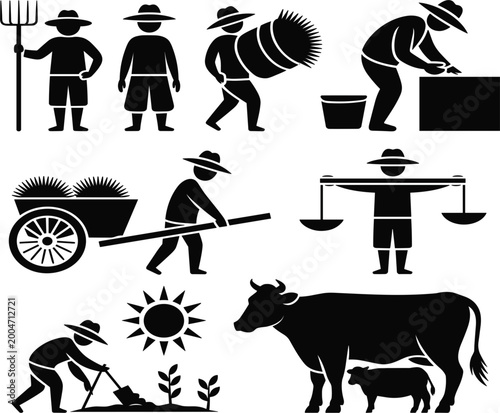 Silhouette icons of farmers and farm animals engaged in agricultural activities Keywords: farmer, farm, agriculture, silhouette