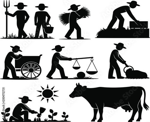 Silhouette Icons of Farming Activities and Rural Life with a Cow Keywords: farmer, farming, agriculture, rural, field, harvest