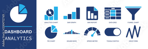 Dashboard analytics icon set. Containing analytics chart, bar graph, bar report, data grid, funnel chart, pie chart, sound wave, speed meter, wave form and more. Solid fill vector icons.