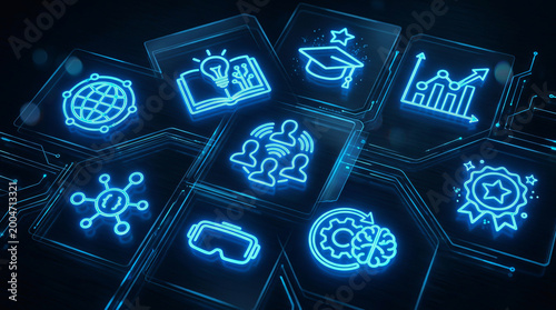 Futuristic digital interface displays glowing blue icons representing global connectivity, education, technology, and data analytics on a dark screen.