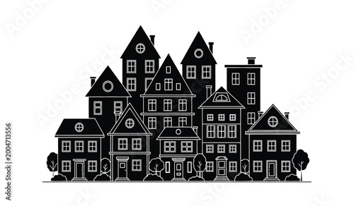 Obraz na plátne Detailed silhouette of a european townscape with traditional houses and trees ag