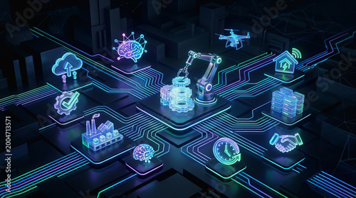 Futuristic digital network connecting smart factory, cloud, drone, home, data blocks, handshake, clock, and brain icons on glowing circuit board.