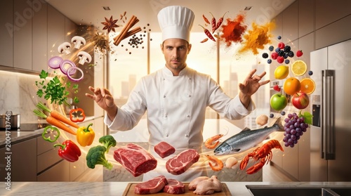 Chef with floating food. Culinary magic in a kitchen. Professional creation.