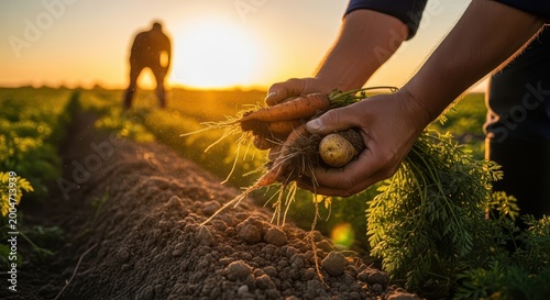 Hands holding freshly picked carrots and potatoes in a field at sunset