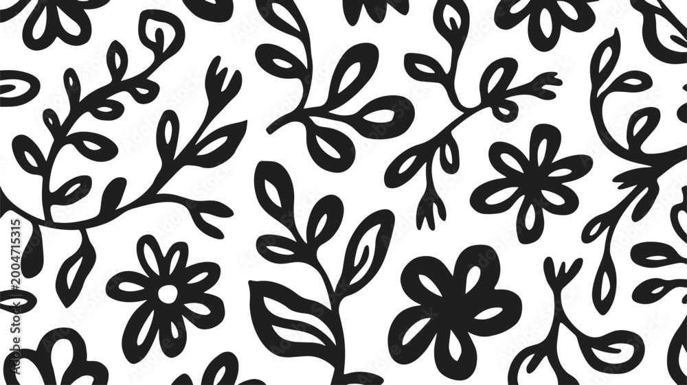 Fototapeta premium Abstract Halftone Wildflower Pattern Seamless Black and White Botanical Background