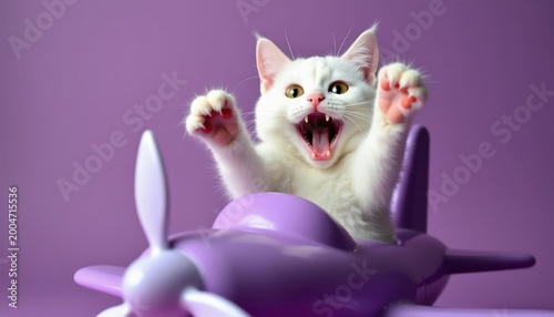 White cat in purple toy plane with mouth open and paws up. This playful kitty appears excited for adventure and fun. Ready for takeoff, its expression is full of joy. Imaginary journey.