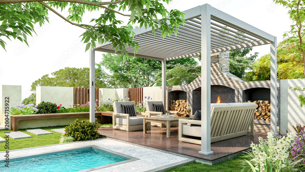 Fototapeta premium Modern luxury pergola in backyard garden with outdoor seating area and small swimming pool, 3D Rendering