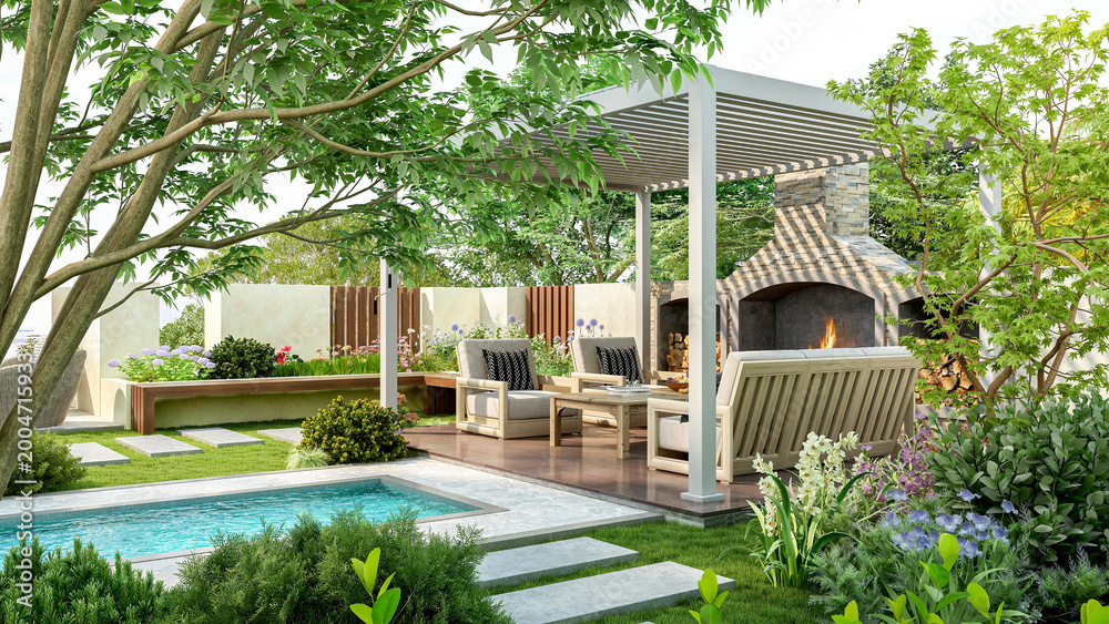 Fototapeta premium Modern luxury pergola in backyard garden with outdoor seating area and small swimming pool, 3D Rendering