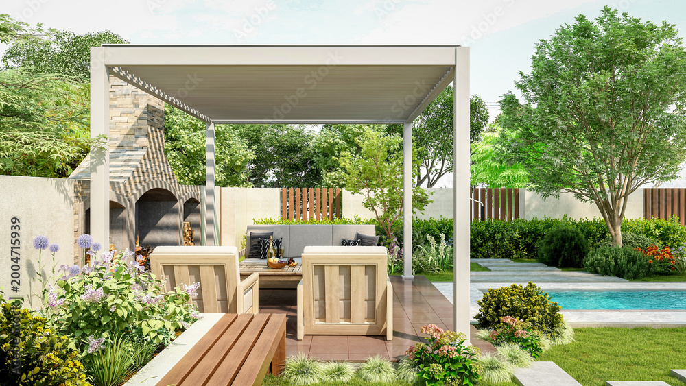 Fototapeta premium Modern luxury pergola in backyard garden with outdoor seating area and small swimming pool, 3D Rendering