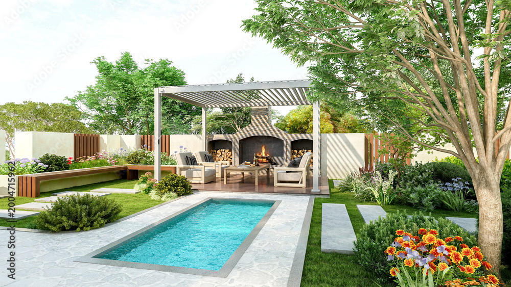 Fototapeta premium Modern luxury pergola in backyard garden with outdoor seating area and small swimming pool, 3D Rendering