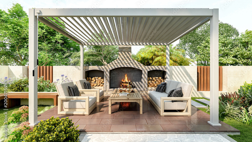 Fototapeta premium Modern luxury pergola in backyard garden with outdoor seating area and small swimming pool, 3D Rendering