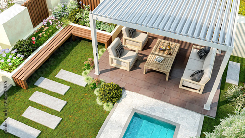 Canvastavla Modern luxury pergola in backyard garden with outdoor seating area and small swi