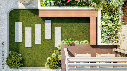 Top view of modern garden design with stone walkway, wooden bench and garden patio with pergola, 3D Rendering