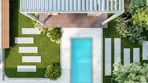 Top view of luxury swimming pool and garden patio with pergola, 3D Rendering