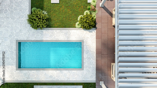 Top view of luxury swimming pool and garden patio with pergola, 3D Rendering