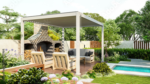 Modern luxury pergola in backyard garden with outdoor seating area and small swimming pool, 3D Rendering