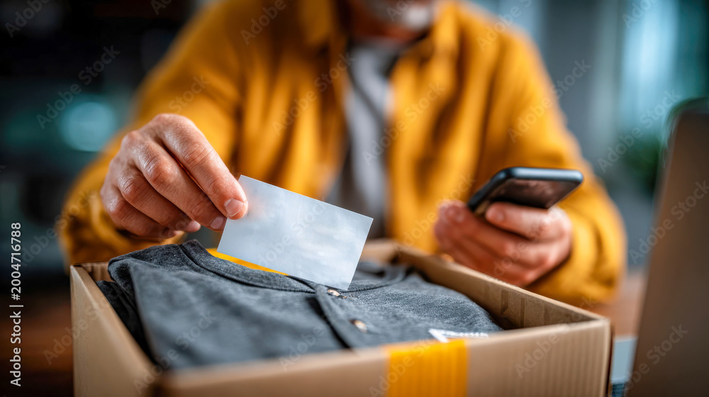 Fototapeta premium Customer preparing online shopping return package at home, placing return label on folded clothing in box