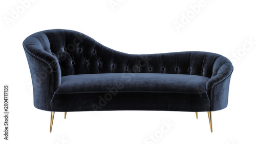 Deep blue velvet tufted chaise lounge with gold legs, isolated on transparent background