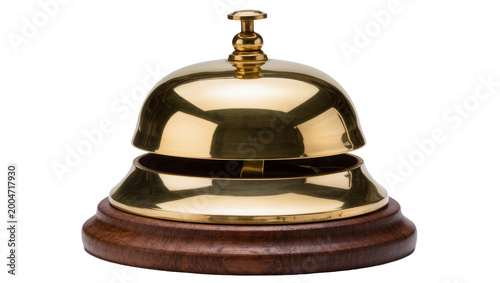 Obraz na płótnie Polished brass hotel reception bell with wooden base, isolated on transparent ba